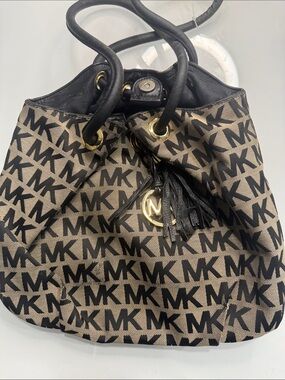 Michael Kors Tan and Black MK Monogram Drawstring Hobo